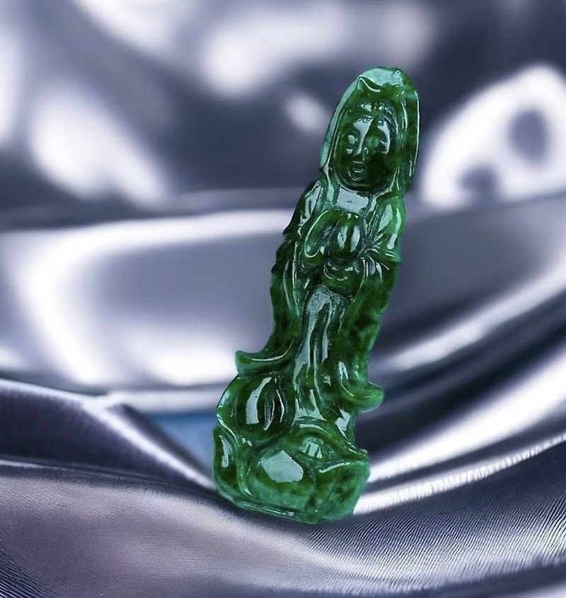 Spicy green presbyopic green jadeite Guanyin Bodhisattva | Natural Burmese jadeite A goods | Gift giving - สร้อยคอ - หยก สีเขียว
