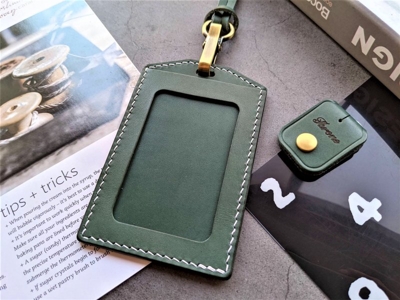 Leather hand-sewn material kit + free step-by-step instructional video∣ID card set∣customized laser engraving∣yoyou card - Leather Goods - Genuine Leather Green