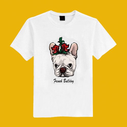 CHIC SHOP 插畫設計館 花 法鬥 狗 插畫 原創 白 短T 衣服 T恤 情侶裝 童裝 母子裝 女裝