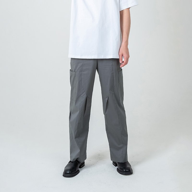 side pocket pleated trousers - กางเกงขายาว - ผ้าฝ้าย/ผ้าลินิน สีเทา