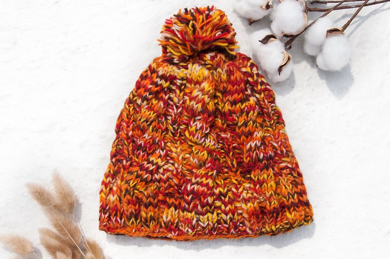 Hand-knitted pure wool hat/knitted hat/knitted woolen hat/hand-knitted woolen hat with inner brush-Nordic orange jam - หมวก - ขนแกะ สีส้ม
