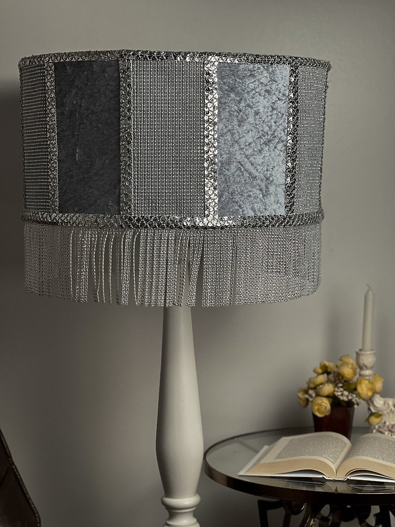 Victorian lampshade light gray velor with fringe of stones - 燈具/燈飾 - 其他材質 銀色