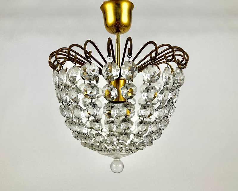 Vintage Crystal Brass Chandelier France 1960s - Lighting - Other Metals Gold