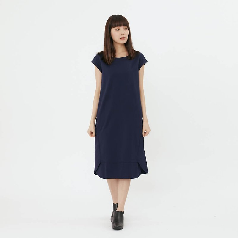 French terry Sleeveless Midi Length Plain Dress - ชุดเดรส - ผ้าฝ้าย/ผ้าลินิน สีน้ำเงิน
