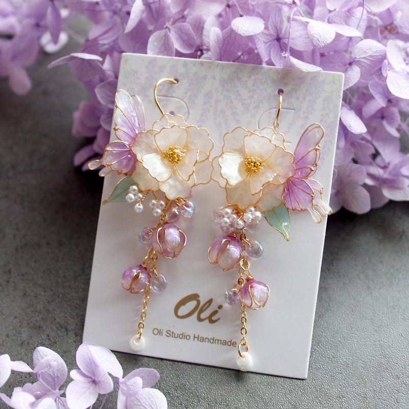 [White Rose and Butterfly Earrings] Butterfly Earrings Bronze Resin Earrings/ Clip-On - Earrings & Clip-ons - Resin Multicolor