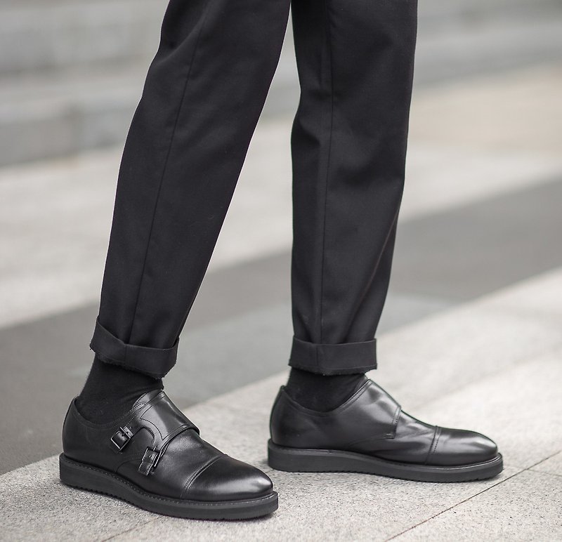Placebo black thick double buckle men's shoes - Men's Oxford Shoes - Genuine Leather Black