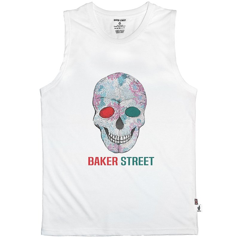 British Fashion Brand -Baker Street- Skull Printed Tank Top - เสื้อกั๊กผู้ชาย - ผ้าฝ้าย/ผ้าลินิน ขาว