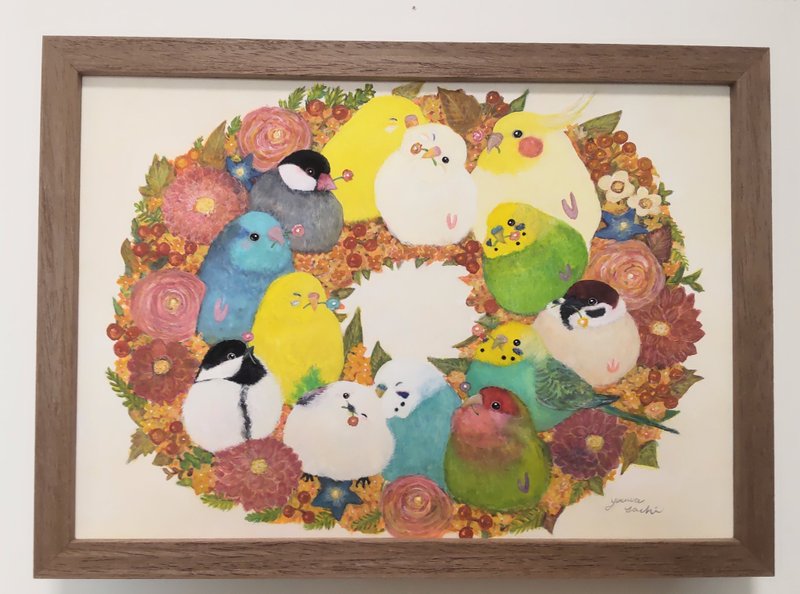 木製額入り原画【秋のリースインコ】 - 海報/掛畫/掛布 - 紙 橘色