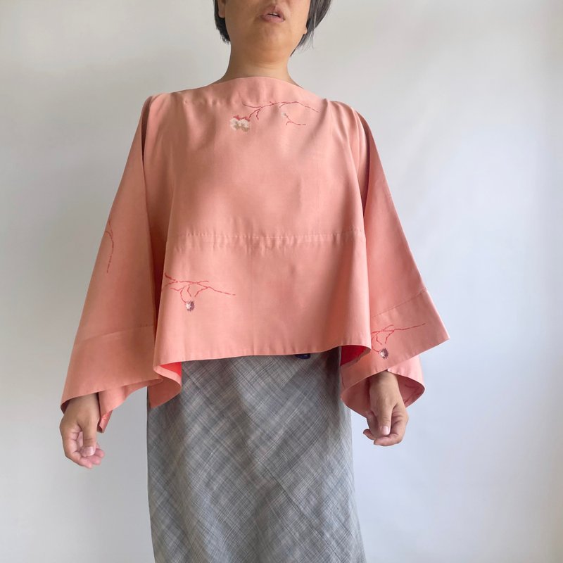 【1点もの】丁字のプルオーバー2way -絹 着物地 桃色に花 - 女上衣/長袖上衣 - 絲．絹 粉紅色