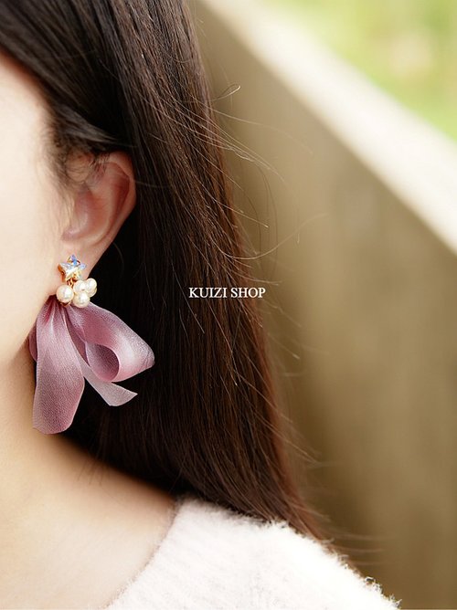 KUIZI.SHOP 原創 | 流星之夜空 施華洛世奇星水晶珍珠×漸變絲帶14k包金耳釘
