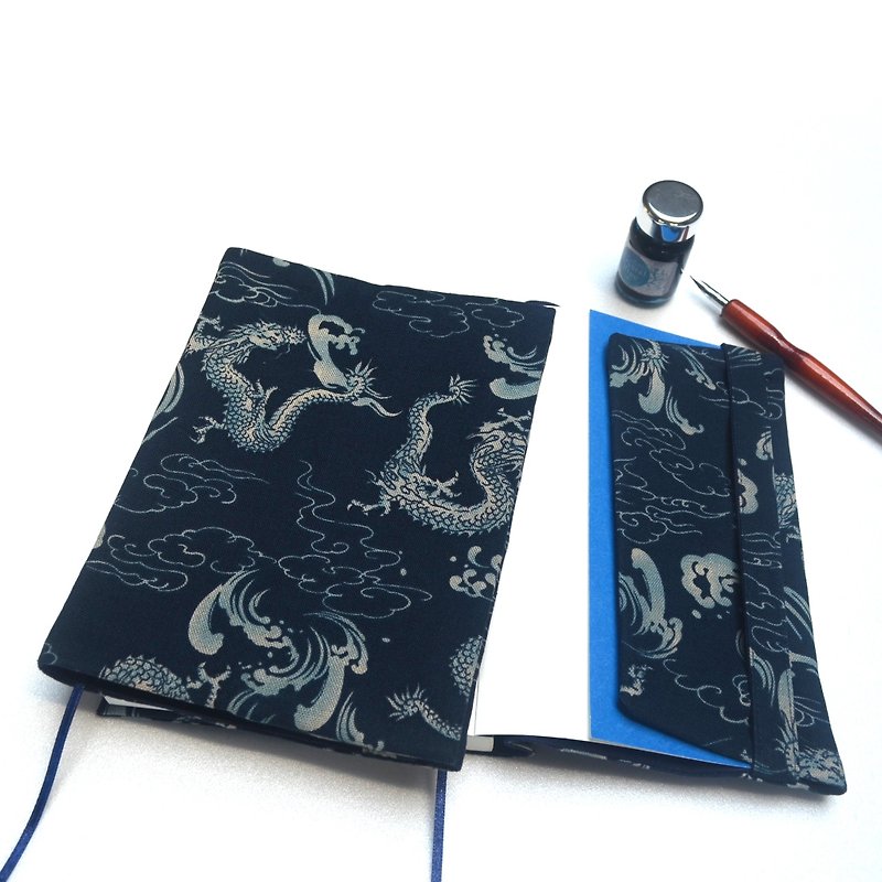 Dragon pattern book cover with bookmark handmade canvas - Notebooks & Journals - Cotton & Hemp Blue