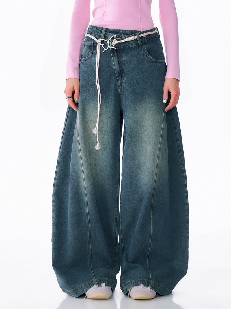 ziziFei American retro design high waist slim wide leg loose straight washed blue scimitar jeans for women - กางเกงขายาว - วัสดุอื่นๆ สีน้ำเงิน