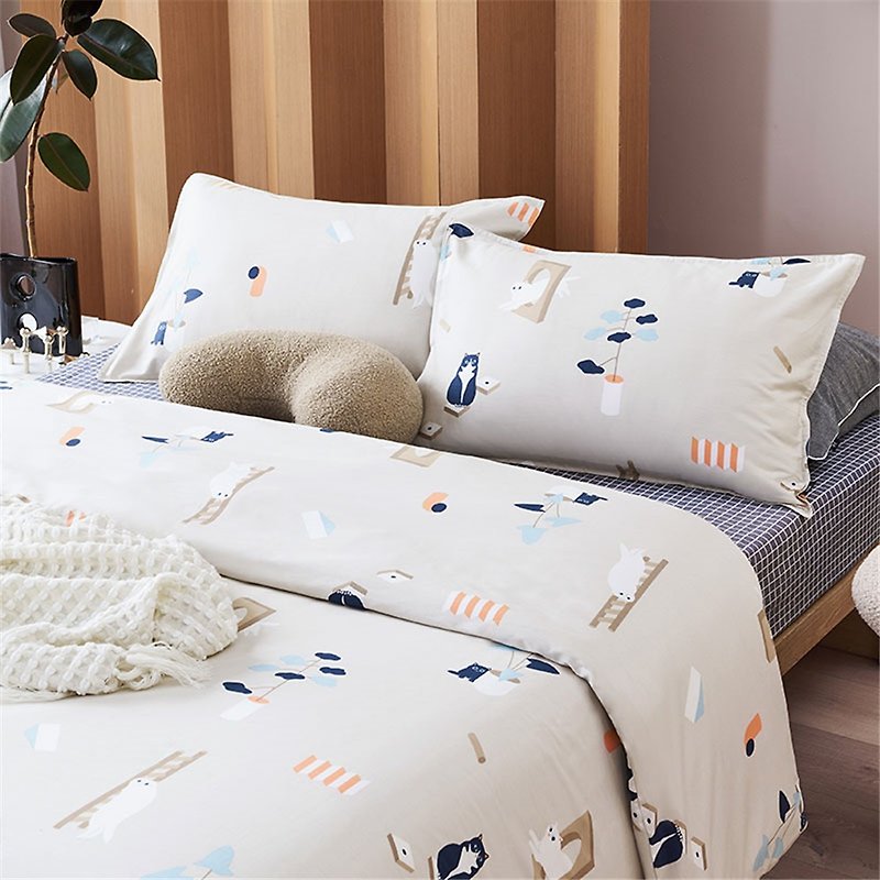 Misty Meow Single Double Bed Sheet/Bed Bag Hand-painted Cat 40 Cotton Bedding Pillowcase Quilt Cover Buy Separately - Bedding - Cotton & Hemp Khaki