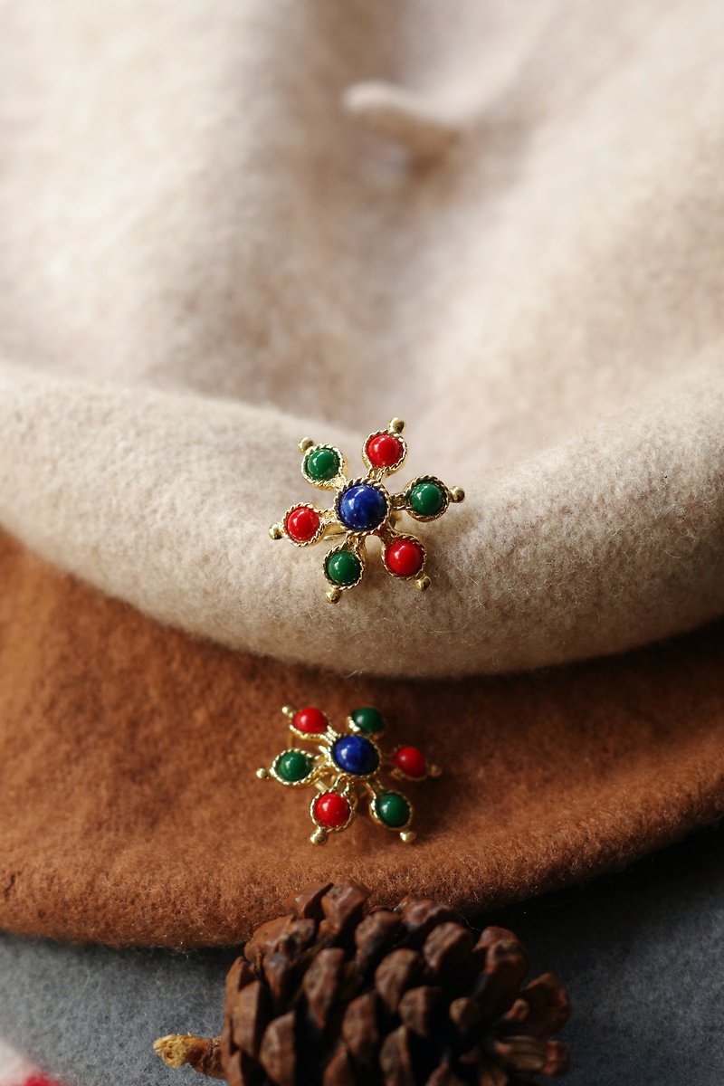 現貨-古董 復古 Sarah Cov 1970年代金色雪花紅藍綠珠珠夾式耳環 - 耳環/耳夾 - 其他金屬 金色