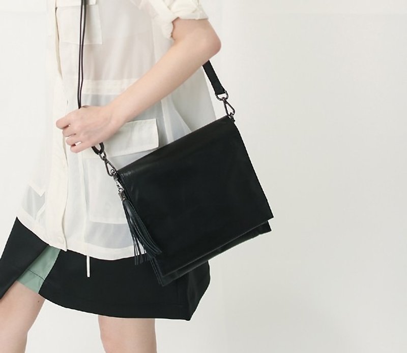Fringed embellished cascading square side backpack black - Messenger Bags & Sling Bags - Genuine Leather Black
