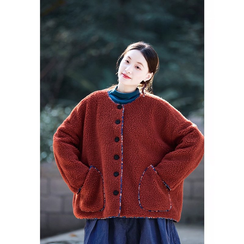 Christmas Red Faux Lamb Fleece Warm Round Neck Short Casual Cardigan Jacket - Women's Casual & Functional Jackets - Other Materials 