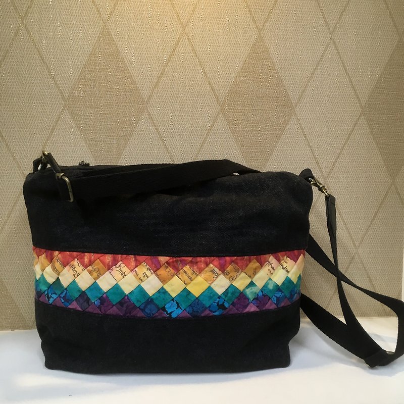 Mexican color wine bag cloth rainbow Lingge bag ❖ exclusive hand sewing bag ❖ - กระเป๋าแมสเซนเจอร์ - ผ้าฝ้าย/ผ้าลินิน สีดำ