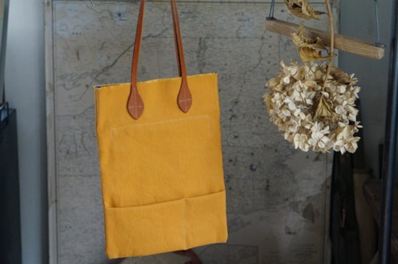 Linen x cotton natural HANPU canvas petanko vertical tote # yellow - Handbags & Totes - Genuine Leather 