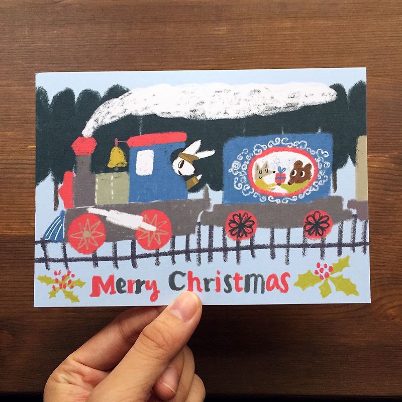 Merry Christmas Bunny Car Palm Christmas Express Train Christmas Card Postcard Train Animal Card - การ์ด/โปสการ์ด - กระดาษ สีน้ำเงิน