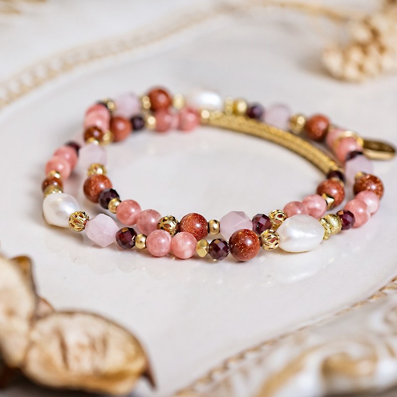 Home Sweet Home // Stone Rhodolite Pearl Double Circle Bracelet - Bracelets - Gemstone 