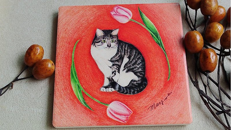 Cat in the tulip_ceramic water coaster - Coasters - Pottery Multicolor