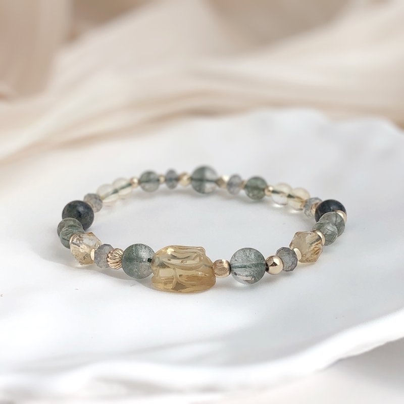 黃水晶、綠幽靈、綠髮晶、拉長石 天然石手鍊 - 手鍊/手環 - 水晶 