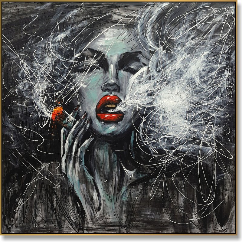 Original Smoking Woman Oil Painting Abstract Female Wall Art Modern Sexy Artwork - 壁貼/牆壁裝飾 - 壓克力 黑色