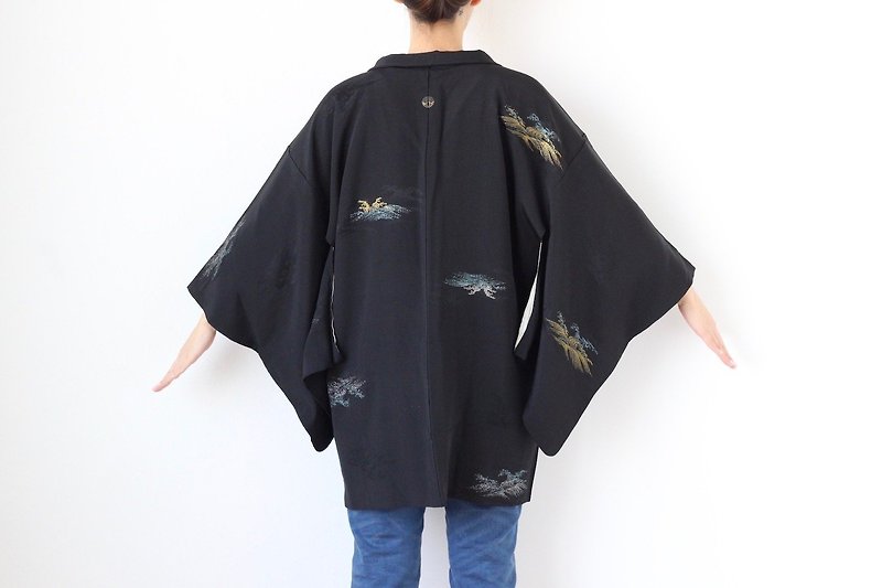 wave kimono, haori, Japanese kimono, kimono jacket, versatile jacket /3101 - เสื้อแจ็คเก็ต - ผ้าไหม สีดำ