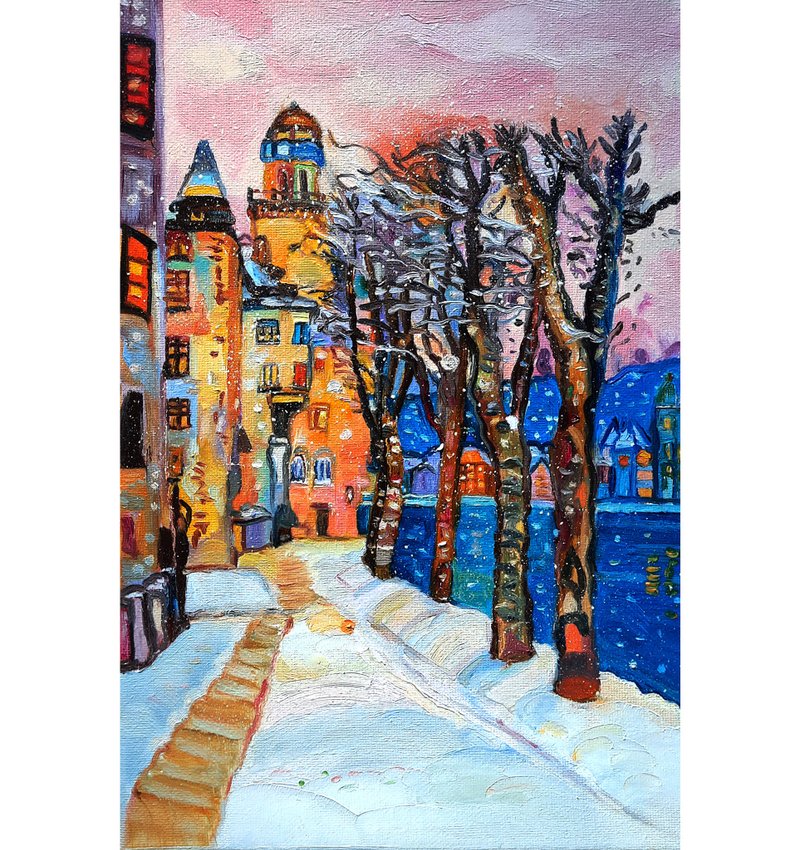 原創畫  Winter Painting Th First Snow Small Artwork  Original Art  Oil On Canvas - Wall Décor - Other Materials Orange