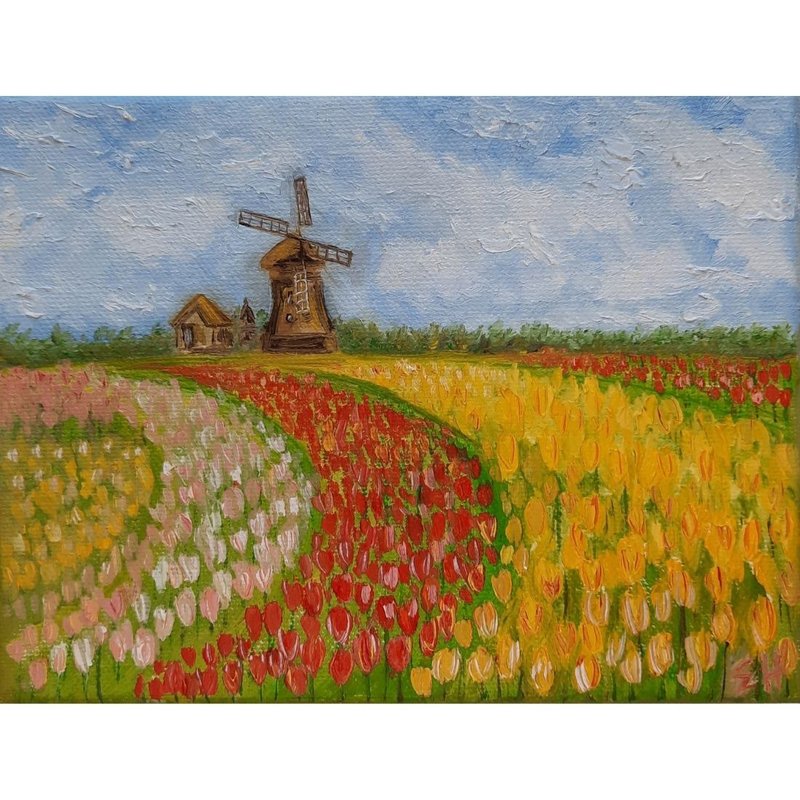 Holland painting oil Tulip field wall art Mill oil painting Netherlands painting - 海報/掛畫 - 棉．麻 多色