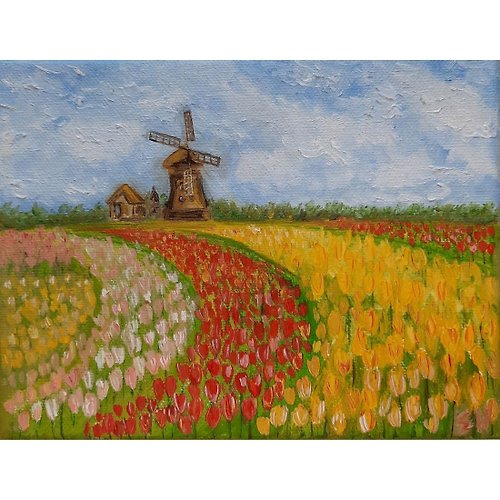 Art From Estella Holland painting oil Tulip field wall art Mill oil painting Netherlands painting