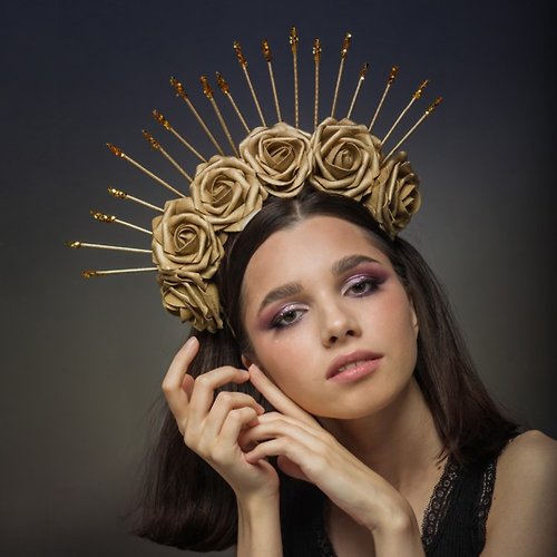 LepotaAccessories Gold rose flowers crown Spiked halo headpiece Goddess cosplay Bridal tiara