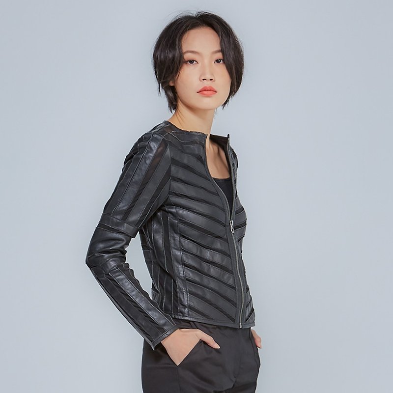 [Germany GIPSY] GGSuri hollow round neck sheepskin jacket | Black - Women's Casual & Functional Jackets - Genuine Leather Black