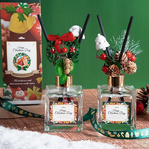QIDINA 創意居家 QIDINA 聖誕禮盒 聖誕花圈派對珪藻土香氛擴香瓶 - 贈聖誕袋