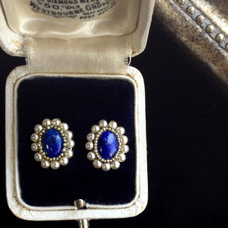 14 kgf lapis lazuli AAA - and Czech Grass pearl oval pierced earrings [ii-585] ear needle - Earrings & Clip-ons - Gemstone Blue