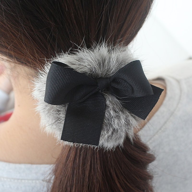 Gray Rabbit Fur hair scrunchy  Band Pony Tail Holder  - Hair Accessories - Polyester Gray