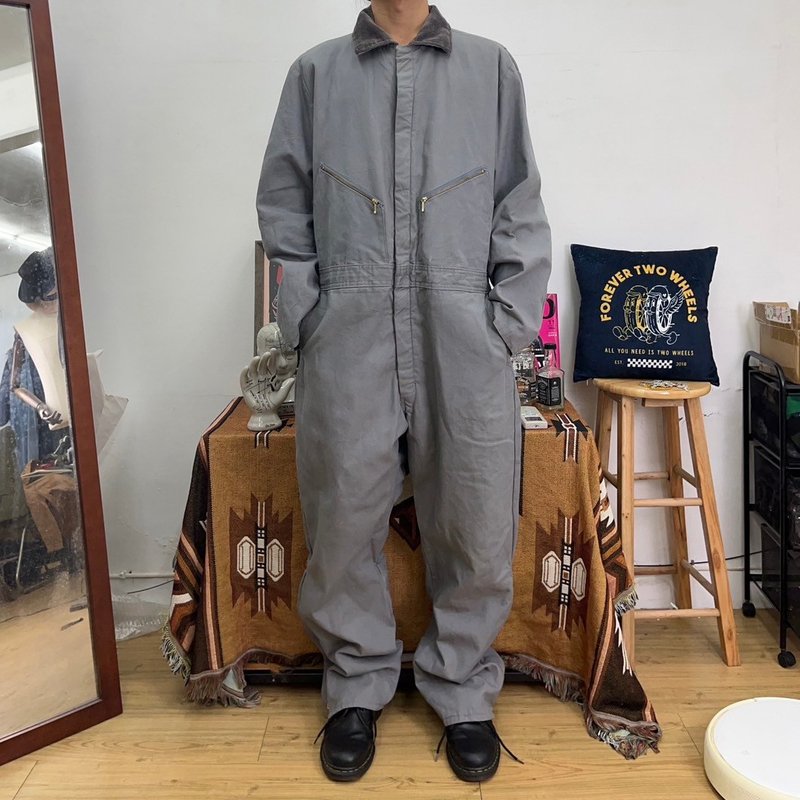 WALLS 美國製 連身工作服 內裡鋪棉 淺灰 燈芯絨領 二手 古著 - 男長褲/休閒褲 - 棉．麻 灰色