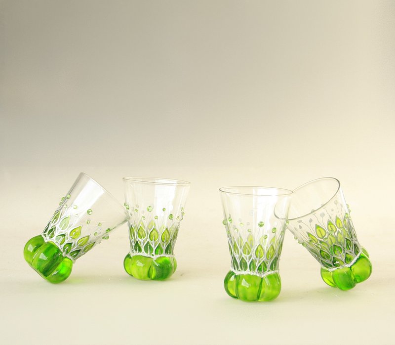 Shot Glasses Sake, Green, Set of 4, Hand-painted - Bar Glasses & Drinkware - Glass Green