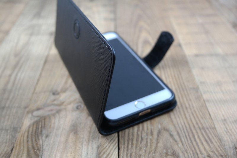 Api Handmade~Side Flip Phone Case~Cross Hairline Black~iphone 11,12 - Phone Cases - Genuine Leather Black