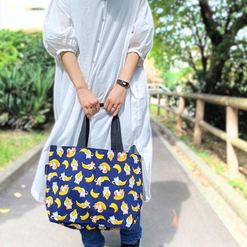 【日本製】猫柄トートバッグ・ねこバナナ - 手提包/手提袋 - 棉．麻 黃色