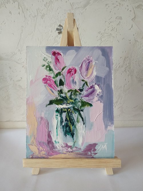 花の抽象絵画。チューリップの絵。オリジナルアート。ウォール