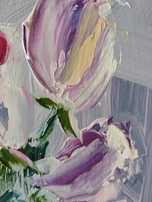 花の抽象絵画。チューリップの絵。オリジナルアート。ウォール