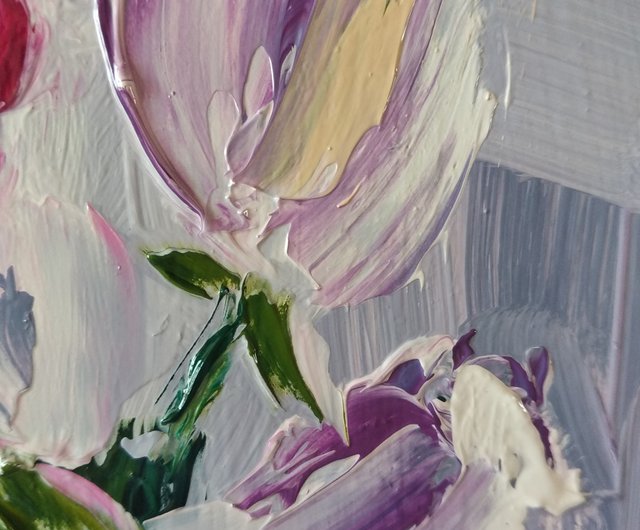 花の抽象絵画。チューリップの絵。オリジナルアート。ウォールアートの