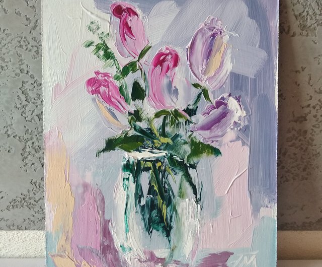 花の抽象絵画。チューリップの絵。オリジナルアート。ウォール