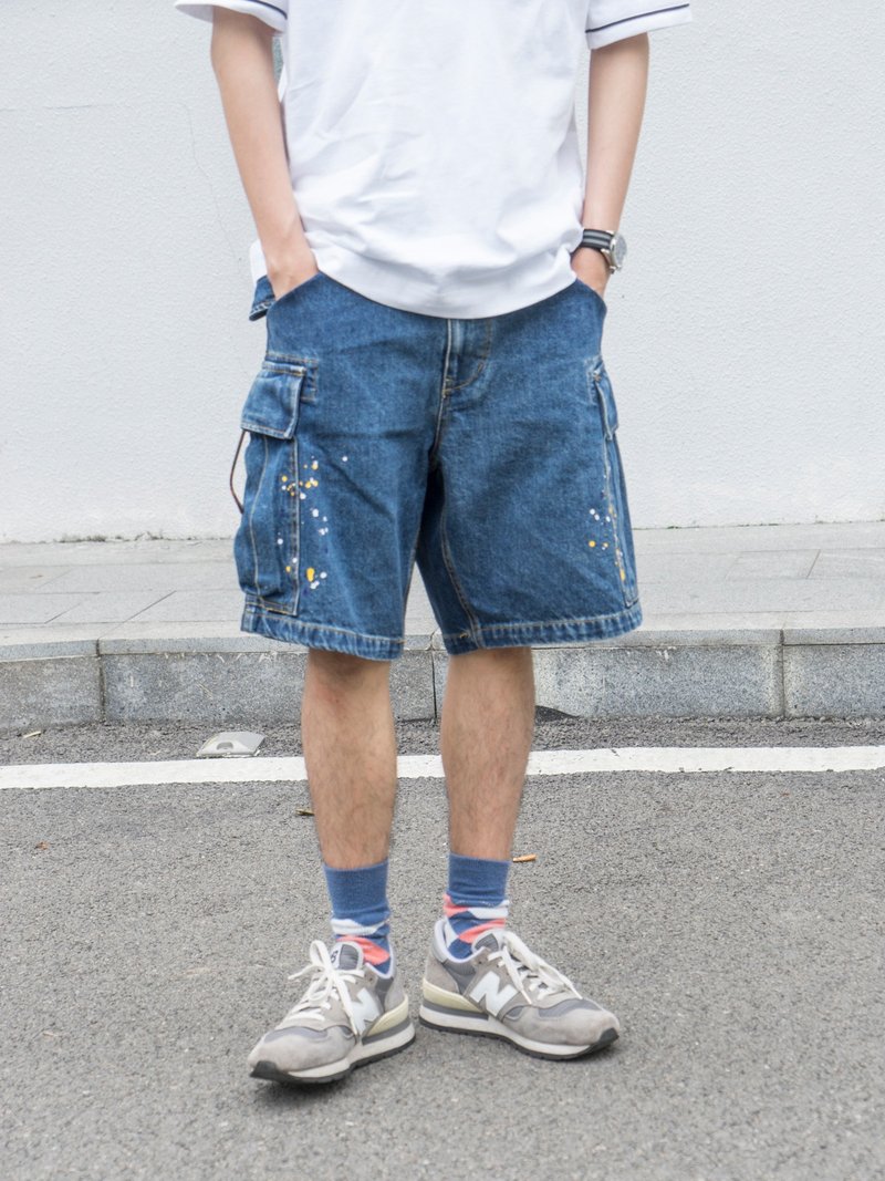 Denim Shorts 日系潮流工裝牛仔短褲 潑墨口袋設計休閒短褲 - 男長褲/休閒褲 - 棉．麻 藍色