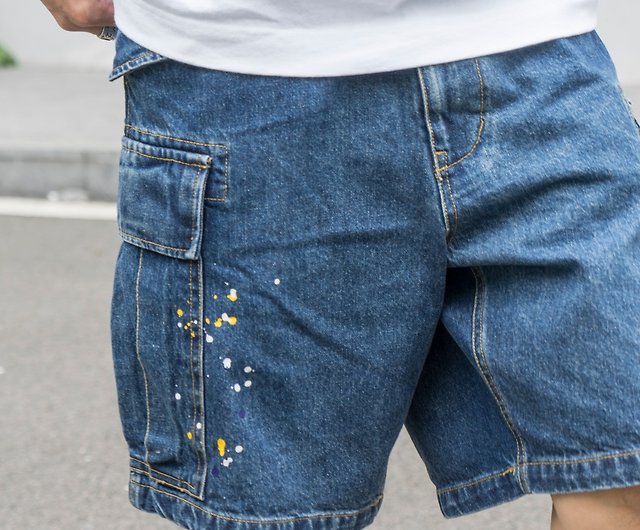 Denim Shorts Japanese trend tooling denim shorts ink splash pocket
