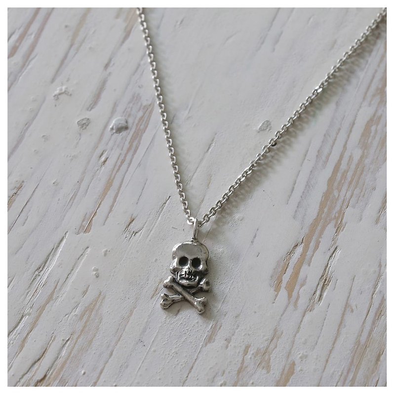 skull crossbones Vintage Cross silver Pendant Necklace handmade tiny gift her - Necklaces - Other Metals Silver