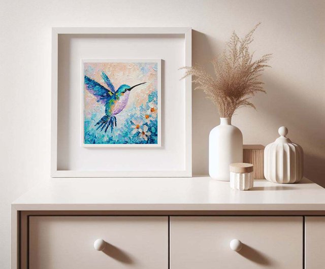 オリジナル絵画ハチドリ、ミニオイルアートワーク、枝の上の鳥の