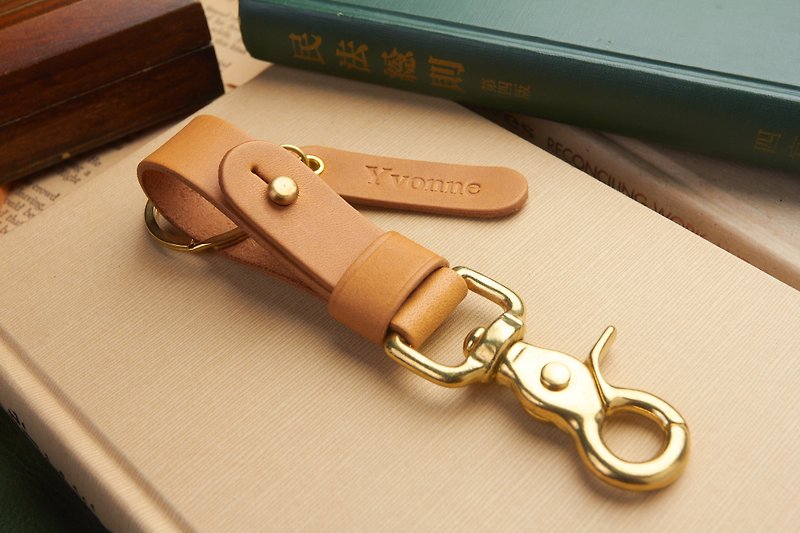 Brown Leather Key Fob BRASS belt loop Key Landyard // Personalize name //Keychai - Keychains - Genuine Leather Orange