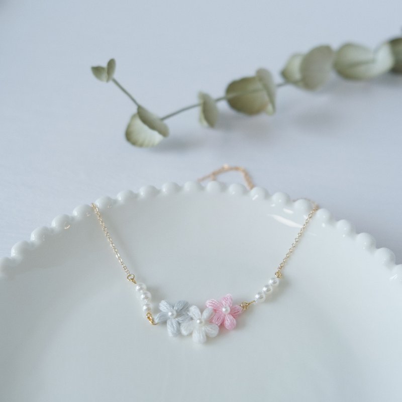 Crochet Pink and Grey Small Pearl Necklace 14k Gold Plated - Necklaces - Thread Pink